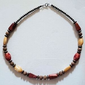 Polished Wood Beaded Necklace Choker Brown Rose Cream Antique Silver Metal Beads